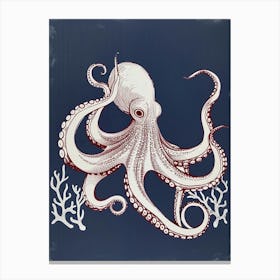 Navy Blue & Maroon Detailed Octopus 5 Canvas Print