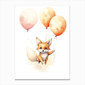 Baby Fox Flying With Ballons, Watercolour Nursery Art 1 Canvas Print