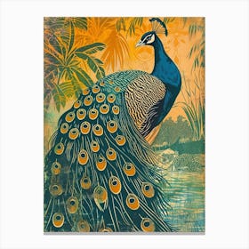 Blue Mustard Peacock With Tropical Trees Canvas Print