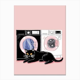 Cat In Front Of Washing Machine Canvas Print