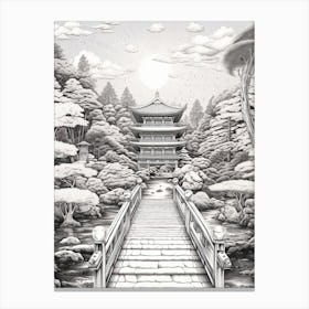 Ise Grand Shrine In Mie, Ukiyo E Black And White Line Art Drawing 4 Canvas Print