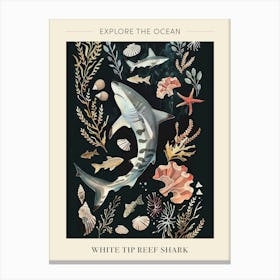 White Tip Reef Shark Seascape Black Background Illustration 3 Poster Canvas Print