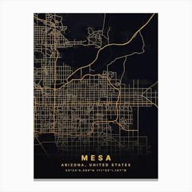 Mesa Arizona USA Black And Gold Map Canvas Print