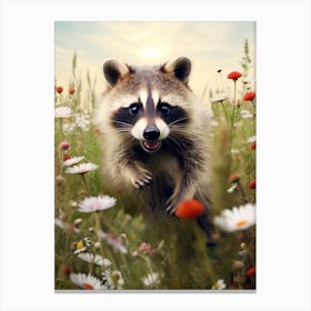 Cute Funny Guadeloupe Raccoon Running On A Field 2 Canvas Print
