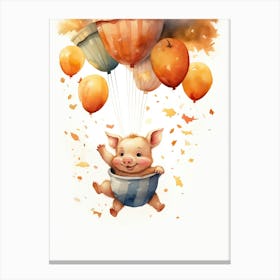 Tea Cup Pig Flying With Autumn Fall Pumpkins And Balloons Watercolour Nursery 1 Canvas Print