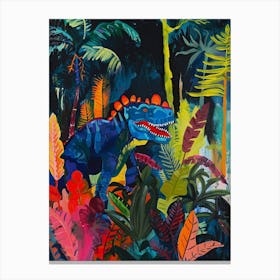 Colourful Dinosaur In The Jungle Leaves Painting 3 Canvas Print