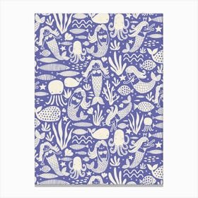 Underwater Mermaids and Sea Life Block Print White on Periwinkle Purple Kids Canvas Print