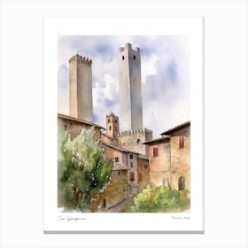 San Gimignano, Tuscany, Italy 3 Watercolour Travel Poster Canvas Print