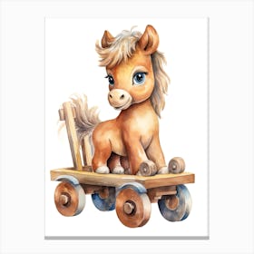 Pony On A Toy Car, Watercolour Nursery 2 Canvas Print