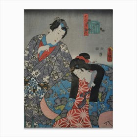 Couple With Man At Left And Woman At Right, Biting The Red And White Sleeve Of Her Inner Kimono Canvas Print