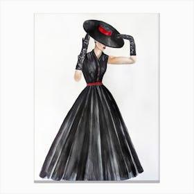 Watercolor illustration of a woman in a hat and black vintage dress 1 Canvas Print