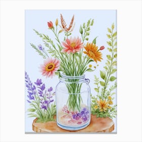 Watercolor Flowers In A Jar 1 Canvas Print