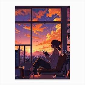 Anime Girl Reading At Sunset 3 Canvas Print