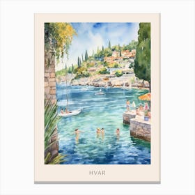Swimming In Hvar Croatia Watercolour Poster Canvas Print