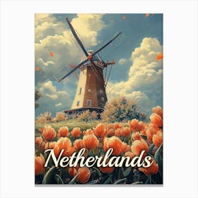 Vintage Dutch Windmill : Tulips and Charm Poster Canvas Print