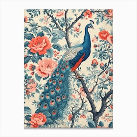 Vintage Peacock Wallpaper With Vibrant Flowers  2 Canvas Print