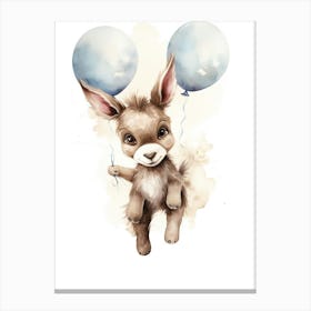 Baby Donkey Flying With Ballons, Watercolour Nursery Art 3 Canvas Print