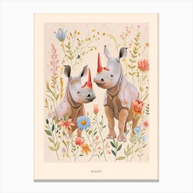 Folksy Floral Animal Drawing Rhino Poster Canvas Print