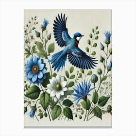 Blue Bird With Flowers Canvas Print