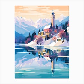 Vintage Winter Travel Illustration Lake Bled Slovenia 1 Canvas Print