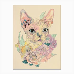 Cute Devon Rex Cat With Flowers Illustration 3 Canvas Print