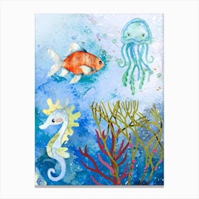 Comet Fish, Teal & Pale Green Seahorse, octopus, Coral,Seaweed watercolour Canvas Print