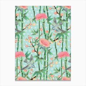 Bamboo Birds And Blossoms On Mint Green Canvas Print