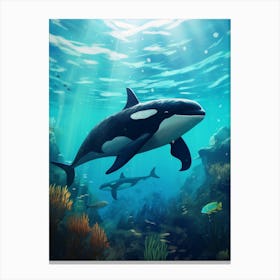 Underwater Orca Whales With Fish Aqua Blue Canvas Print