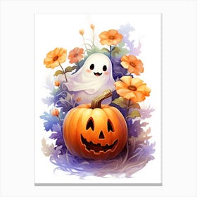 Cute Ghost With Pumpkins Halloween Watercolour 2 Canvas Print