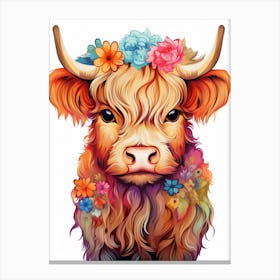 Floral Digital Illustration Of Baby Highland Cow Canvas Print