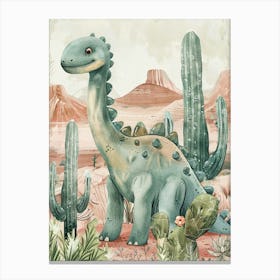 Dinosaur In The Desert With Cactus Storybook Watercolour 3 Canvas Print