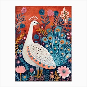 White Floral Folky Peacock 3 Canvas Print