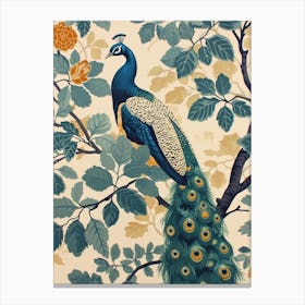 Cream & Blue Leaves Peacock Wallpaper Canvas Print
