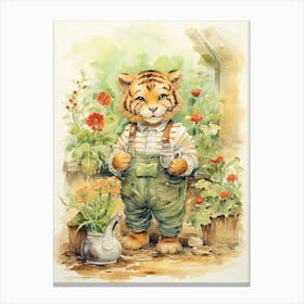 Tiger Illustration Gardening Watercolour 2 Canvas Print
