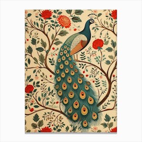 Sepia Peacock With Red Flowers Canvas Print