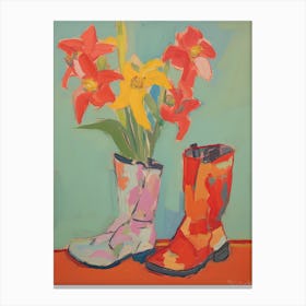 Painting Of Red Flowers And Cowboy Boots, Oil Style 9 Canvas Print