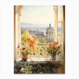 Window View Of Geneva Switzerland In Autumn Fall, Watercolour 2 Canvas Print