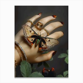 Butterfly On A Woman'S Hand Canvas Print