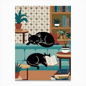 Cats Reading Book In Living Room Canvas Print