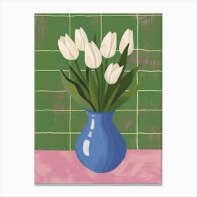 White Tulips In A Blue Vase Canvas Print