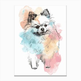 Pastel Pomeranian Dog Watercolour Line Illustration 3 Canvas Print