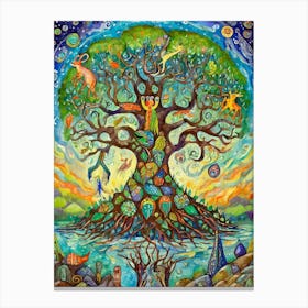Mystical Tree Of Life With Creatures Of Folklore Canvas Print