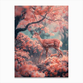 A Deer Walking, Surrounded By Pink Flowers, In The Style Of Surreal 3d Landscapes, Soft And Dreamy Tones, Fairy Tale, Xu Beihong, Detailed Character Design, High Quality Photo, Dark Orange And Light Cyan Toile