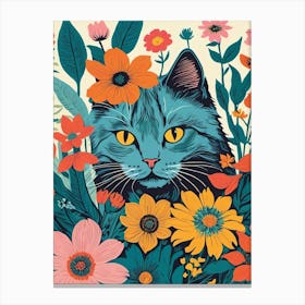 Blue Cat In Flowers Canvas Print