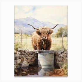 Highland Cow Drinking From Trough Watercolour Canvas Print