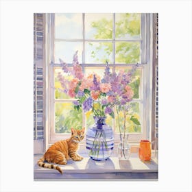 Cat With Lilac Flowers Watercolor Mothers Day Valentines 2 Canvas Print