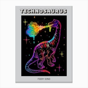 Neon Dinosaur Breathing Rainbow Fire Poster Canvas Print