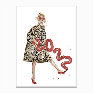 Blonde Girl In Leopard Fur Coat With 2022 Balloons Canvas Print