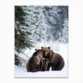 Three Brown Bears Huddle Together Under A Dense White Blanket Of Snow Gentle Snowflakes Falling Aro Canvas Print