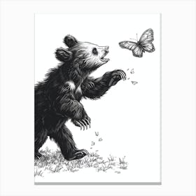Malayan Sun Bear Cub Chasing After A Butterfly Ink Illustration 1 Canvas Print